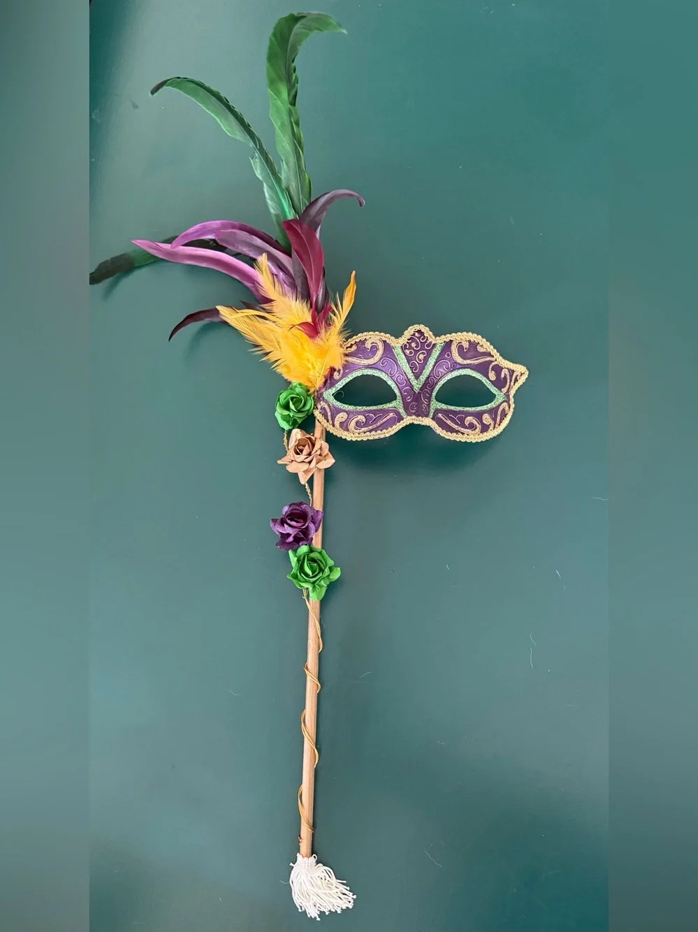 Venetian Side Feather Masquerade Mask with Stick - Gold Green Purple
